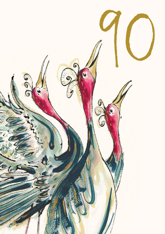 Age 90 Dancing Cranes Gold Foil Birthday Card