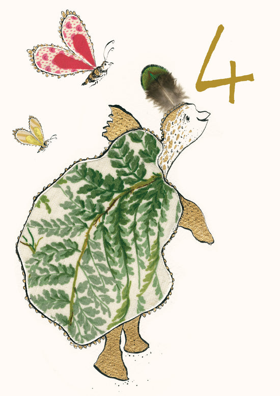 Age 4 Dancing Tortoise Gold Foil Birthday Card