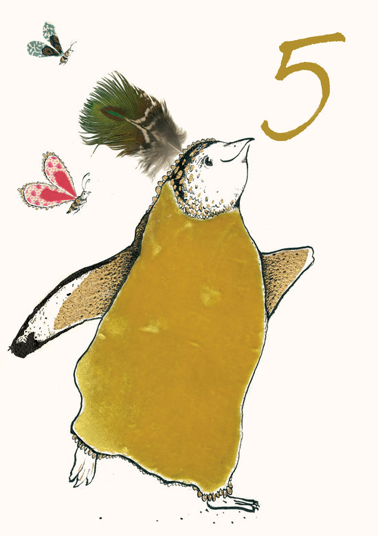 Age 5 Dancing Penguin Gold Foil Birthday Card